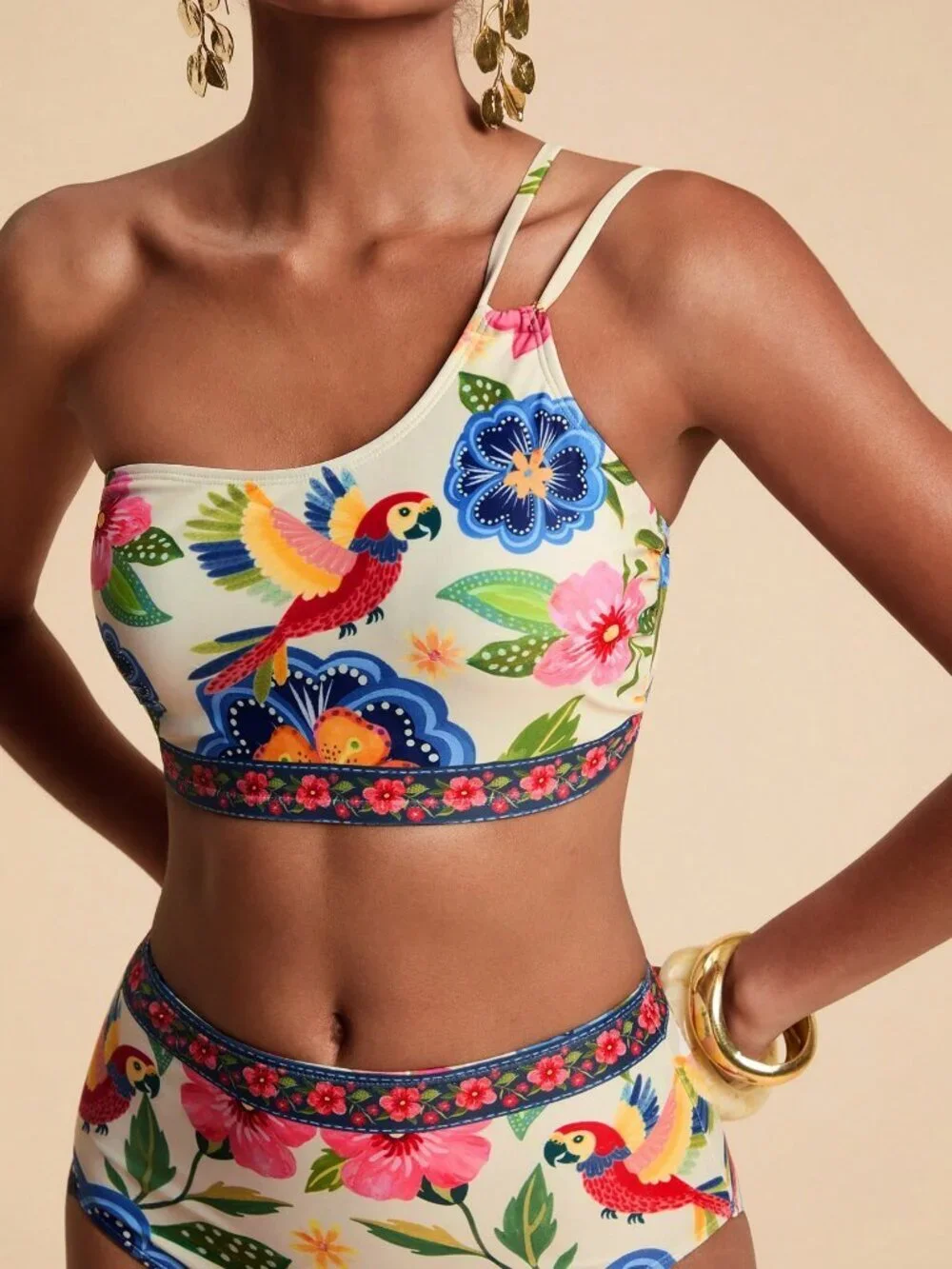 Multicolor Casual Women's Floral Print Asymmetric Neckline Two-Piece Bikini Set